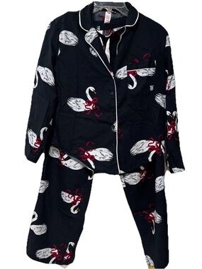Victoria’s Secret Pajama Set Small Swan Print Navy Flannel Button Up Top & Pants